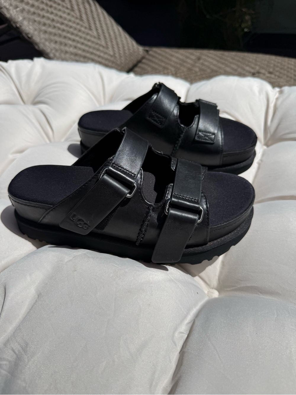 UGG Black Leather Buckle Slide Sandals - Picture 2 of 8